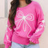 Bright Pink Sweater – Flower Bow Detail, Ribbed Trim, Casual Fit